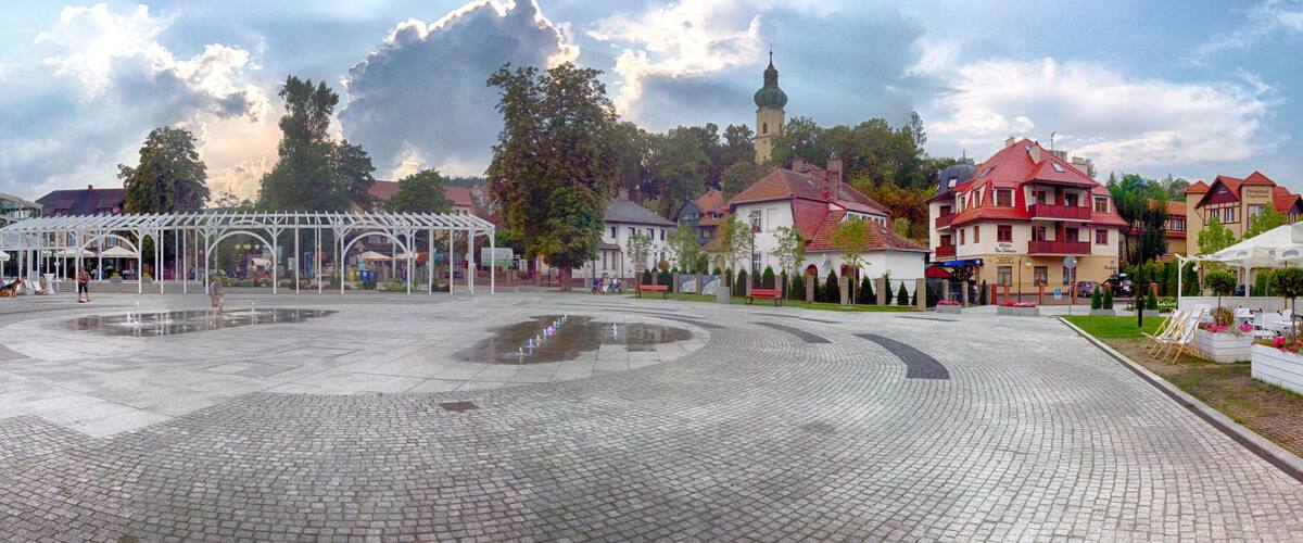 POLANICA ZDROJ, POLAND - AUGUST 26, 2019: Polanica Zdroj is a spa town in southern Poland with modern equipped medical facilities and a developed residential infrastructure for patients and tourists