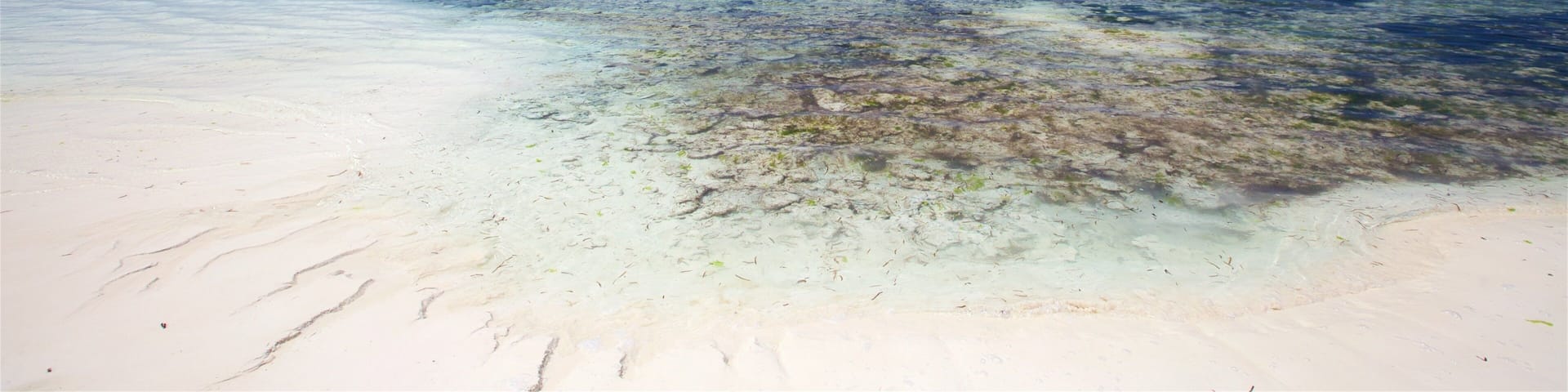 A clear turquoise sea, white sandy beach, and a distant island.