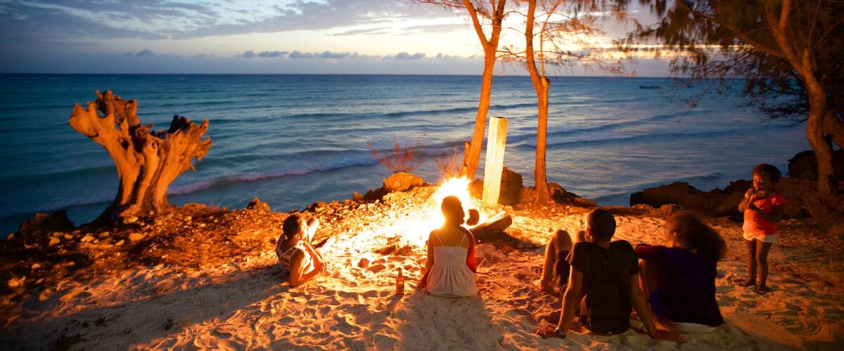 A beach at sunset with a fire, trees, and the ocean.