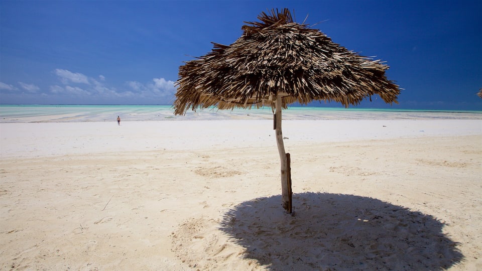 A beach with a thatched umbrella and a clear blue sky.