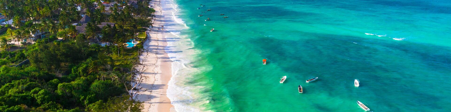 A tropical beach with clear turquoise waters, palm trees, and small boats.