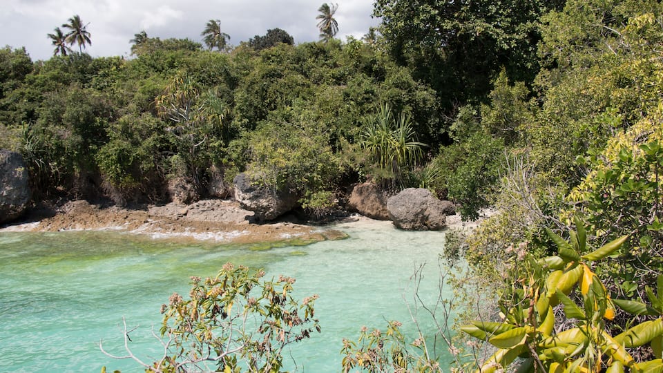 A coastal landscape with clear turquoise waters, dense green foliage, and rocky outcrops.