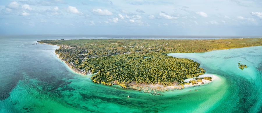 Sunset over lush mangrove forest washed by emerald green water of pristine lagoon, Pingwe, Chwaka Bay, Zanzibar, Tanzania