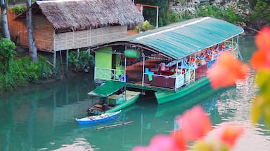 Uma casa flutuante atracada perto de uma casa com telhado de palha.