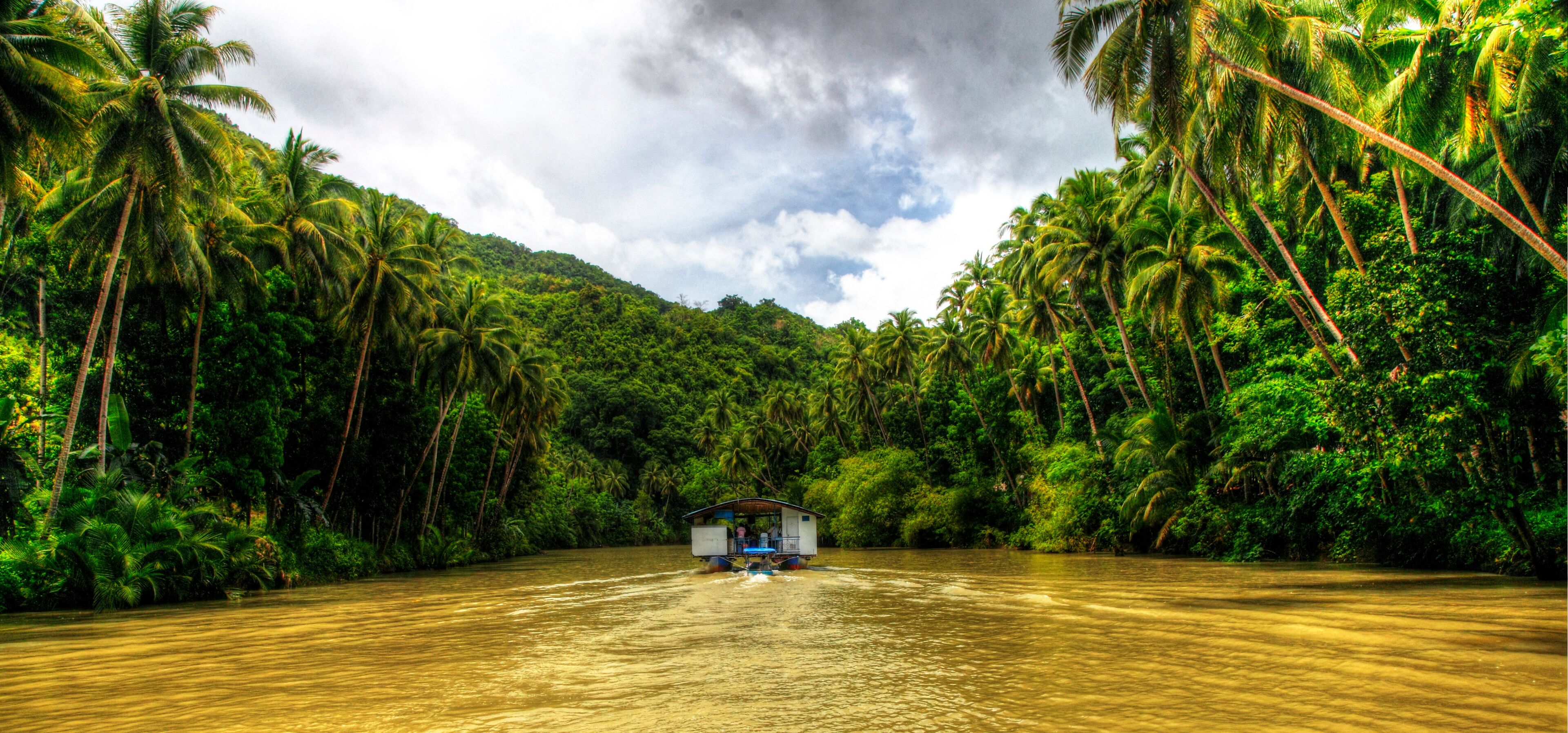 A riverboat navigating through a dense, tropical forest with palm trees lining the waterway.