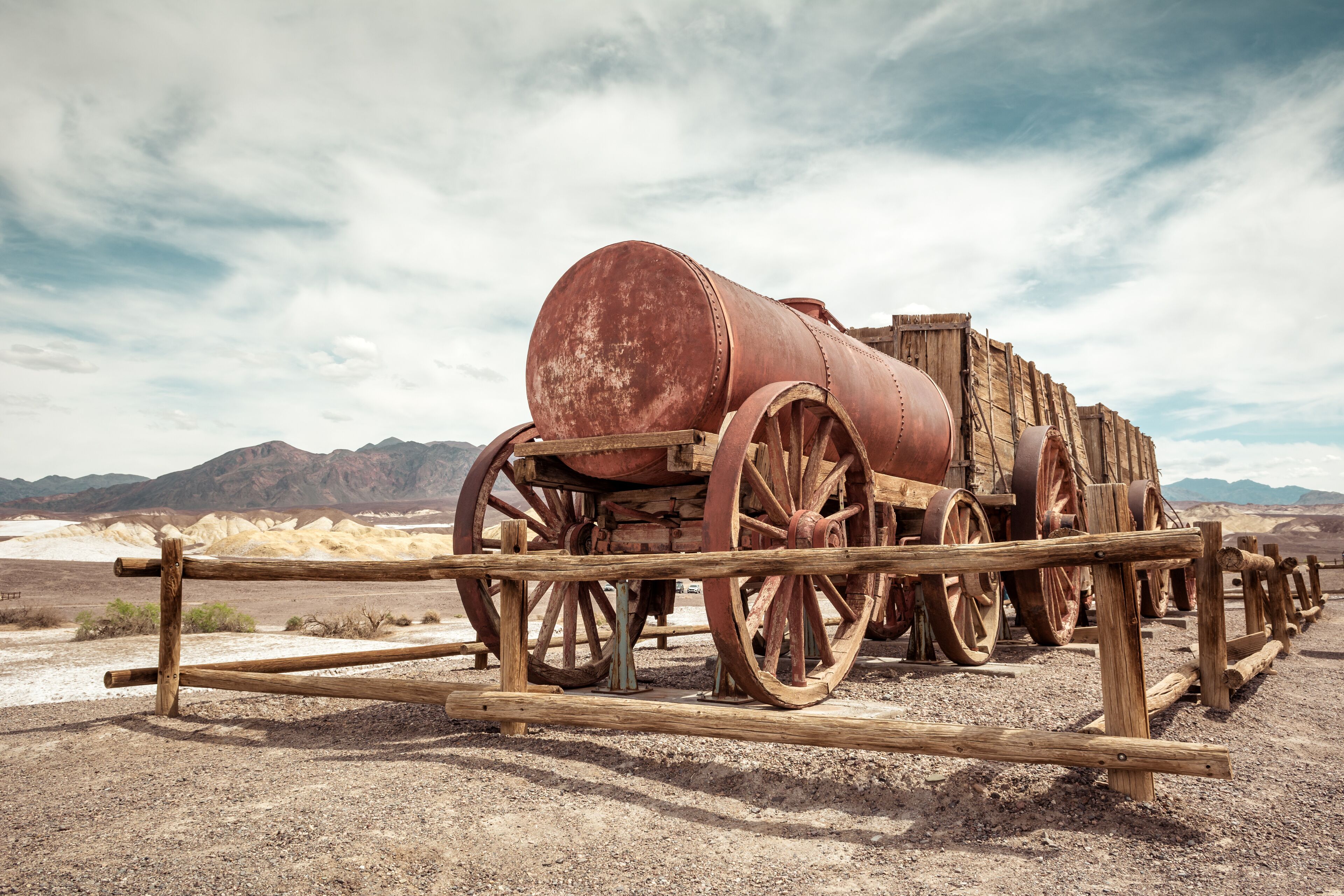 Historic wagon that was used in mining and transferring the borax from Death Valley to the Mojave by the twenty mule team. California, USA