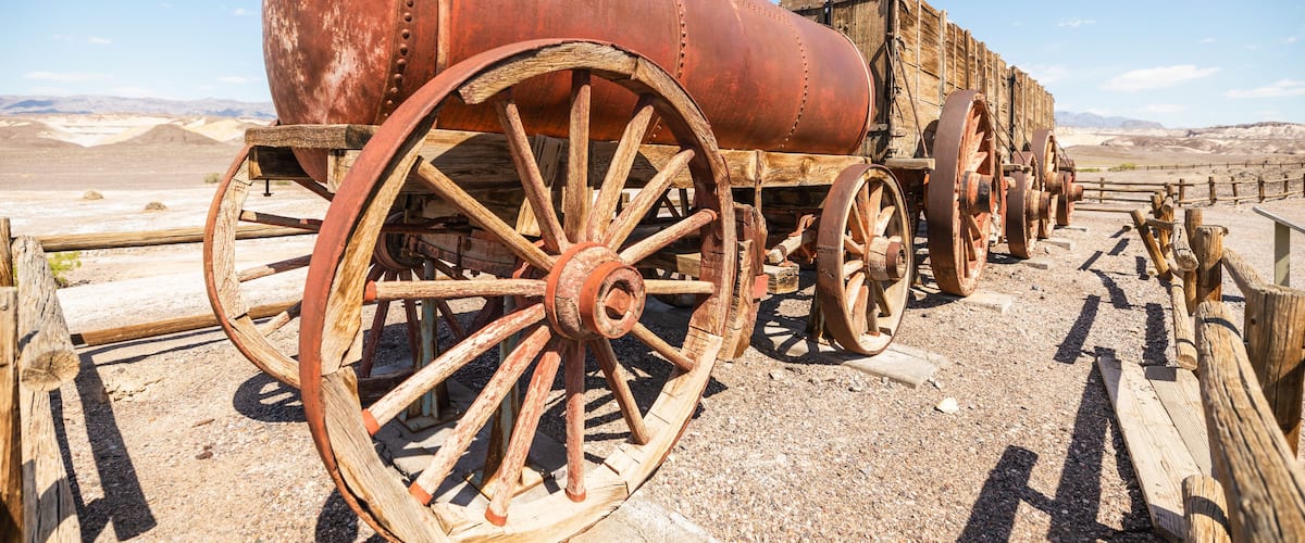 Historic wagon that was used in mining and transferring the borax from Death Valley to the Mojave by the twenty mule team. California, USA