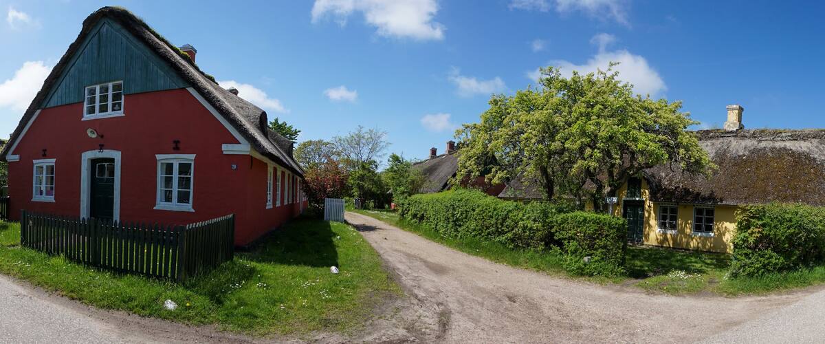 A rural road with traditional red and yellow houses, a thatched-roof house, and lush greenery.