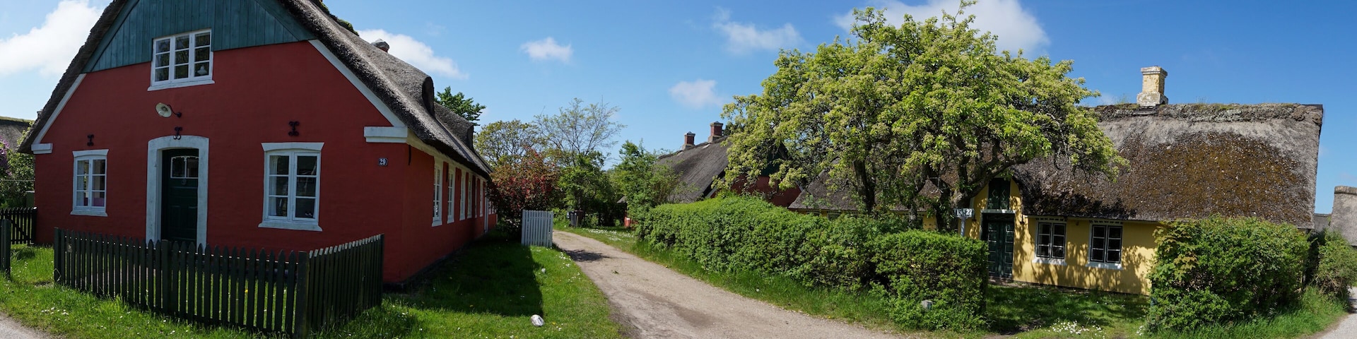 A rural road with traditional red and yellow houses, a thatched-roof house, and lush greenery.