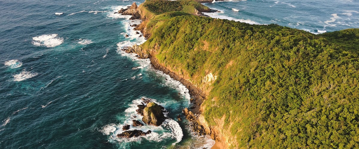 A coastal landscape with a rugged coastline, dense green vegetation, and clear blue waters.