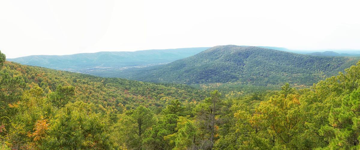 A mountainous landscape with dense forests and a valley.