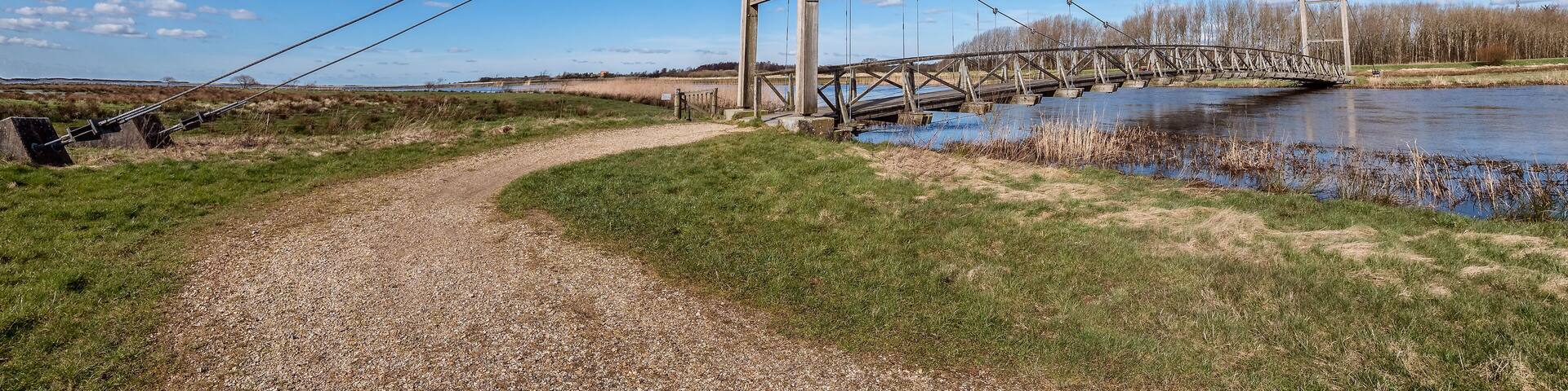 A suspension bridge over a river with a gravel path leading to it.