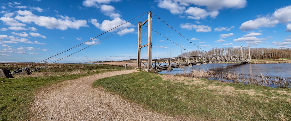 A suspension bridge over a river with a gravel path leading to it.