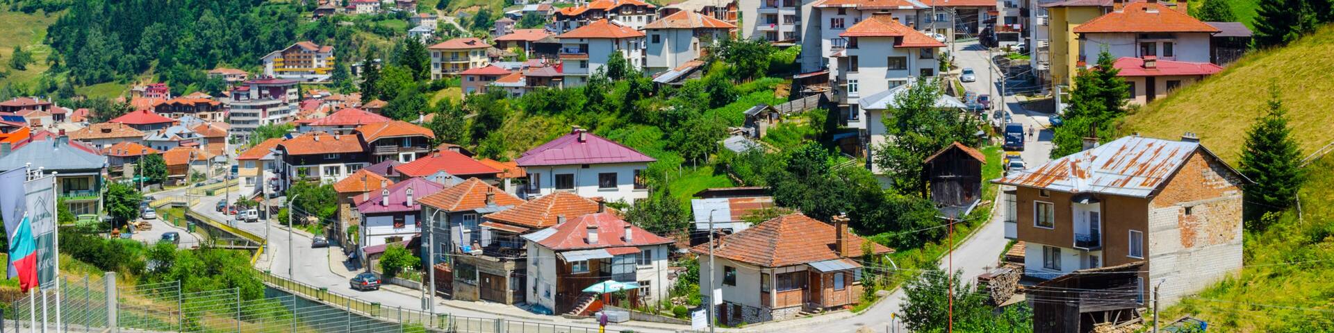 aerial view of bulgarian city chepelare which is famous ski resort and place of traditional rozhen folklore dances festival.