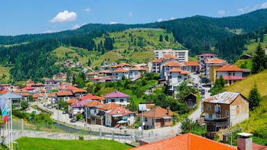 aerial view of bulgarian city chepelare which is famous ski resort and place of traditional rozhen folklore dances festival.