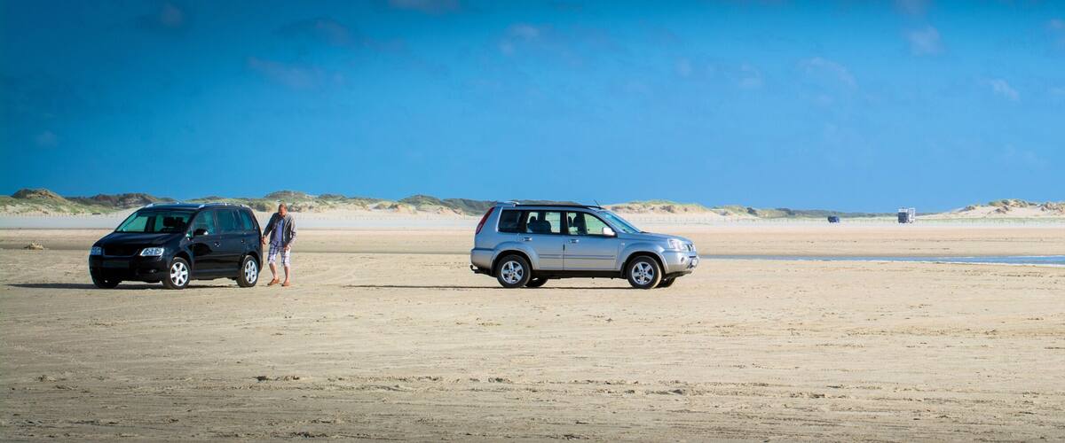 A beach with a parked car and people walking along the shore.