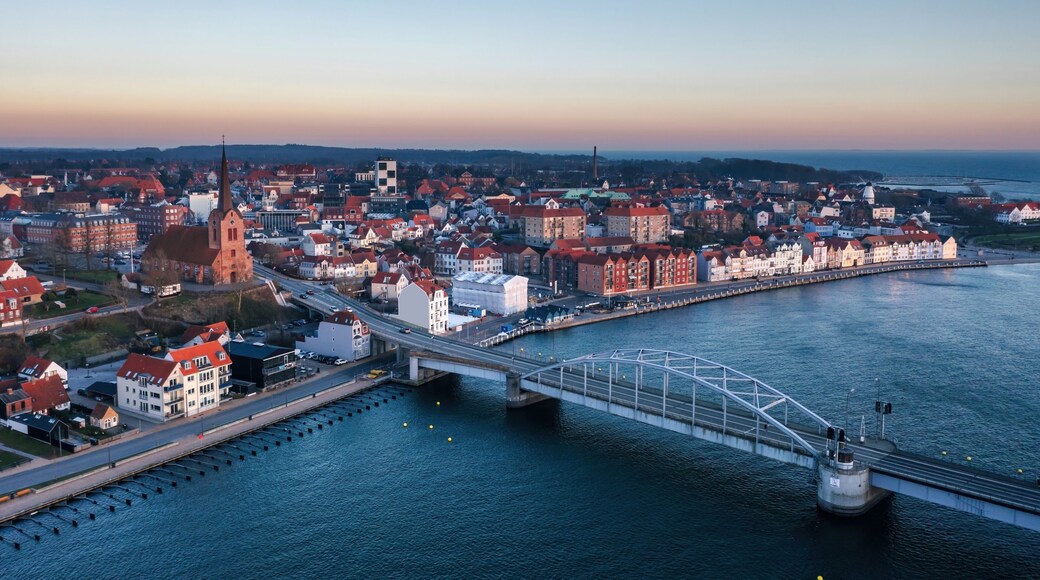 Aerial evening cityscape of Sonderborg (Dan. Sønderborg), city in Southern Denmark