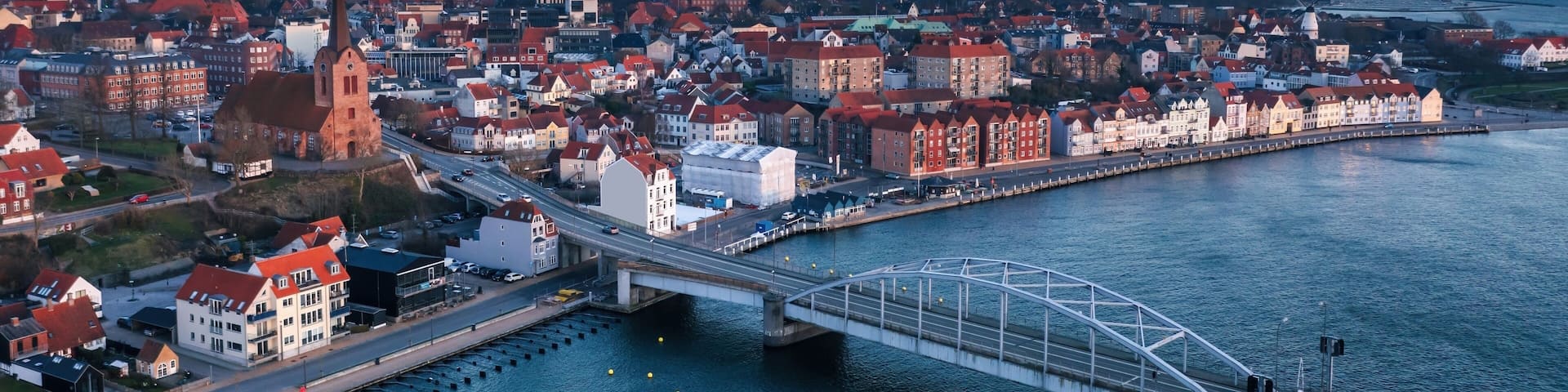 Aerial evening cityscape of Sonderborg (Dan. Sønderborg), city in Southern Denmark