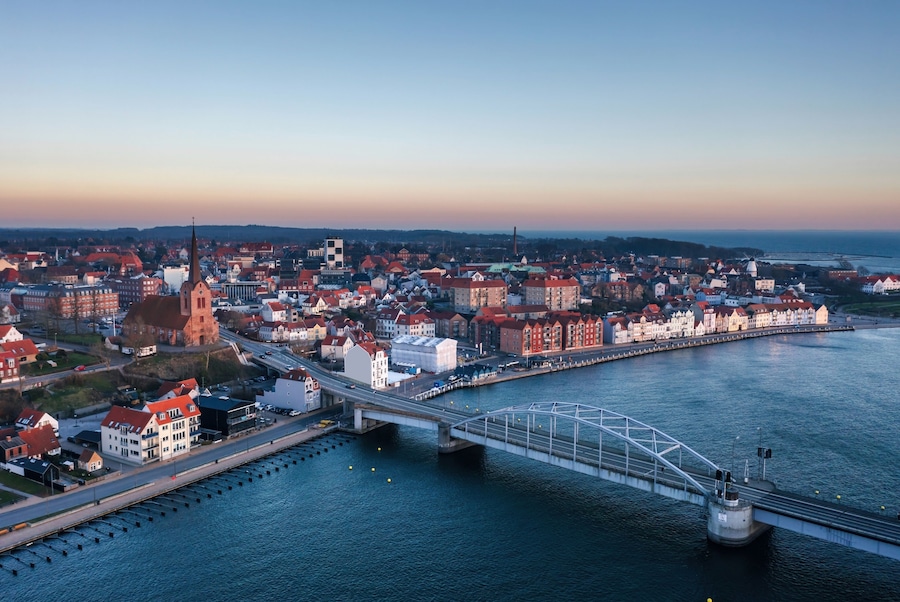 Aerial evening cityscape of Sonderborg (Dan. Sønderborg), city in Southern Denmark