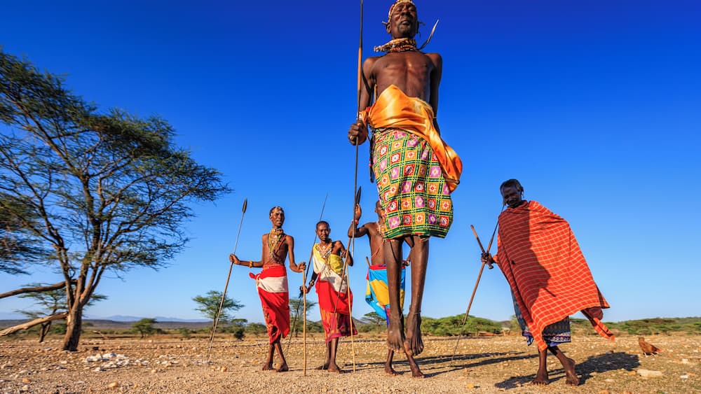African warrior from Samburu tribe performing a traditional jumping dance, central Kenya. Samburu tribe is one of the biggest tribes of north-central Kenya, and they are related to the Maasai.