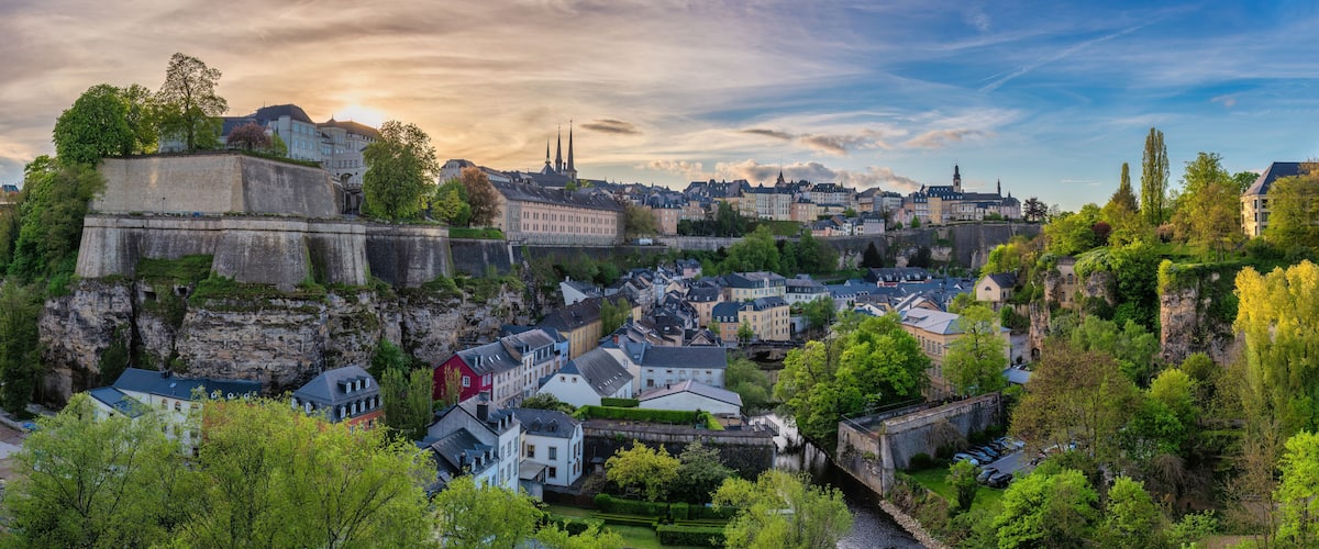 Grand Duchy of Luxembourg, sunset city skyline at Grund along Alzette river in the historical old town of Luxembourg