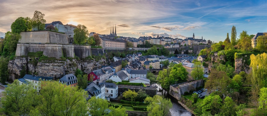 Grand Duchy of Luxembourg, sunset city skyline at Grund along Alzette river in the historical old town of Luxembourg