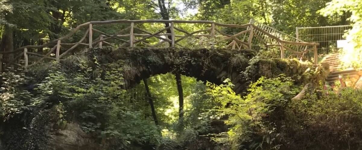 A waterfall flowing over rocks in a forested area with a wooden bridge above.