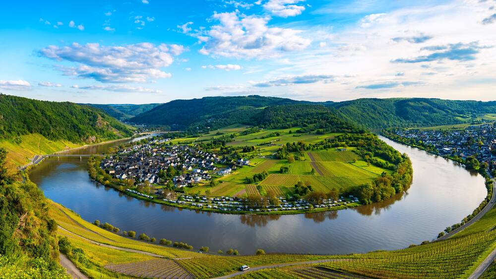 Panorama of the 180 degree river loop of the Moselle between Kröv and Traben-Trabach located in a popular wine-growing region in Germany. Wide angle perspective in the light of the evening sun in May.