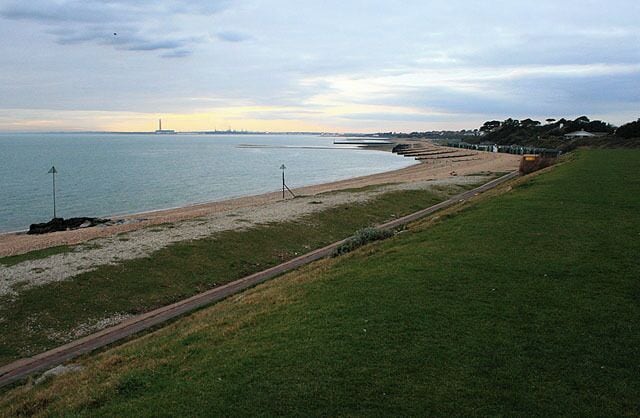 The Beach West of Lee-on-the-Solent Looking north west to the mouth of Southampton Water. The chimney of the power station at Fawley is prominent.
