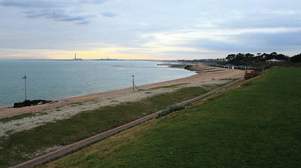The Beach West of Lee-on-the-Solent Looking north west to the mouth of Southampton Water. The chimney of the power station at Fawley is prominent.