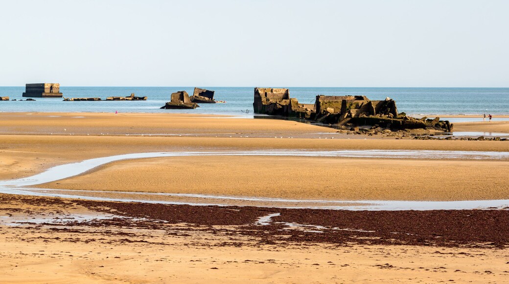Panoramic view of the remains of Phoenix caissons in Asnelles, France, used to build the artificial Mulberry harbour on Gold Beach after the Normandy landings in World War II.