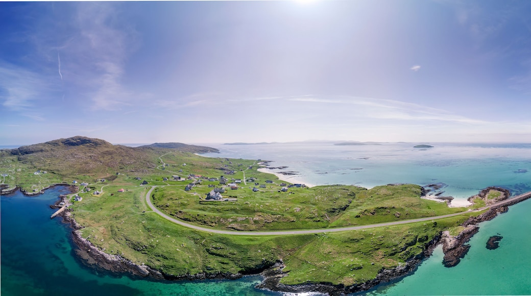 Drone aerial view of the Isle of Eriskay causeway in Scotland's Western Isles, connecting to South Uist.