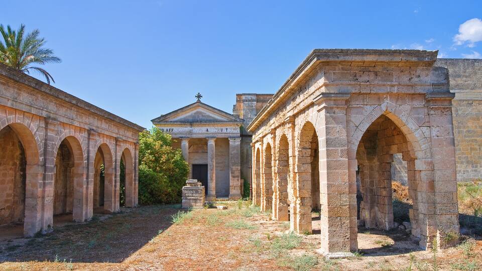 An ancient stone building with arches and columns, surrounded by dry grass and a palm tree.