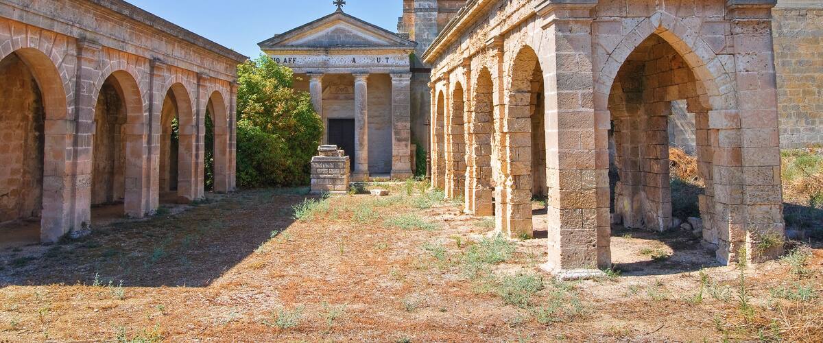 An ancient stone building with arches and columns, surrounded by dry grass and a palm tree.