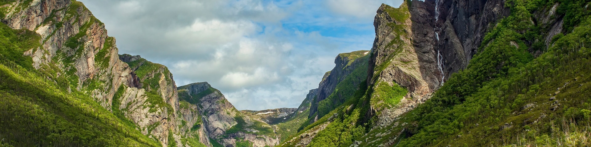Ein Fjord, umgeben von steilen Klippen und ĂŒppigem GrĂŒn.