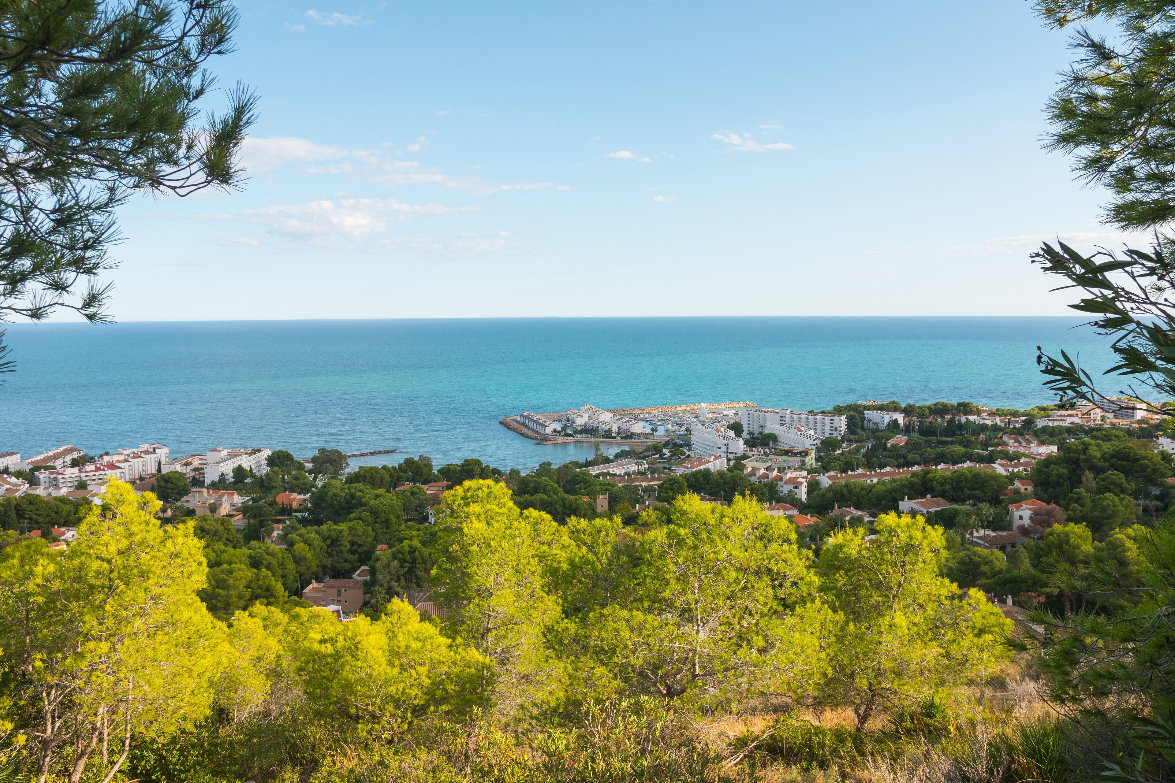 Alcossebre (Las Fuentes) port from Serra Itra Natural park , Alcala de Xivert (Chivert), Valencian community, Costa del Azahar, Spain. Beautiful cityscape & seascape.