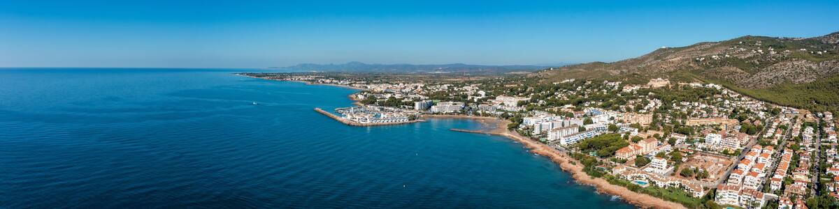 Panoramic view of the beach town of Alcossebre, Spain from the mediterranean sea