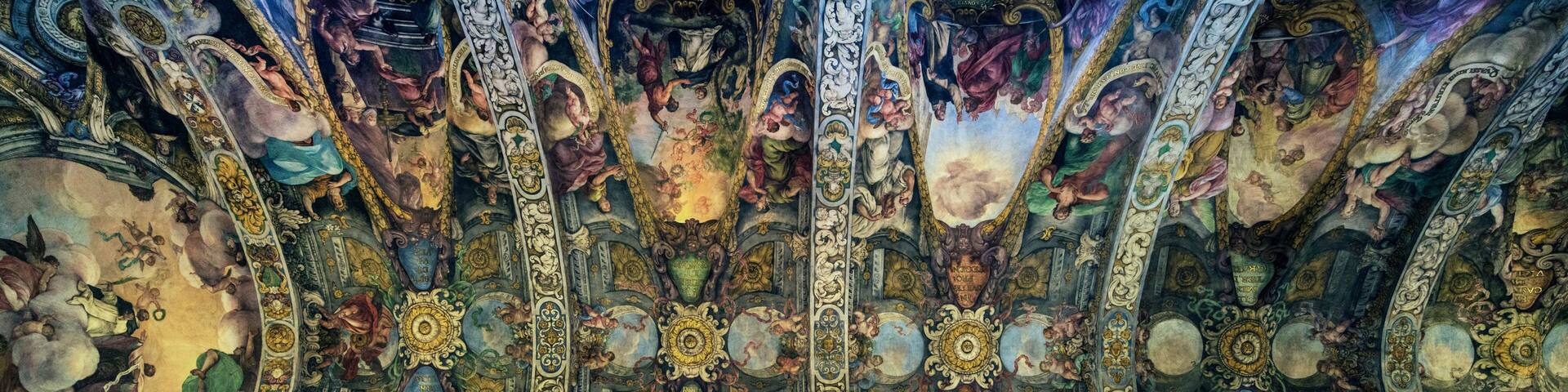 Spain, Valencia, Low angle view of frescos on ceiling in Co-cathedral of Saint Nicholas of Bari