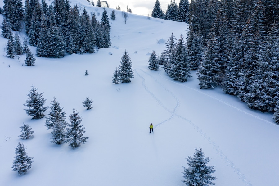 Aerial view of woman walking in the snow cross country in the French Alps, France.