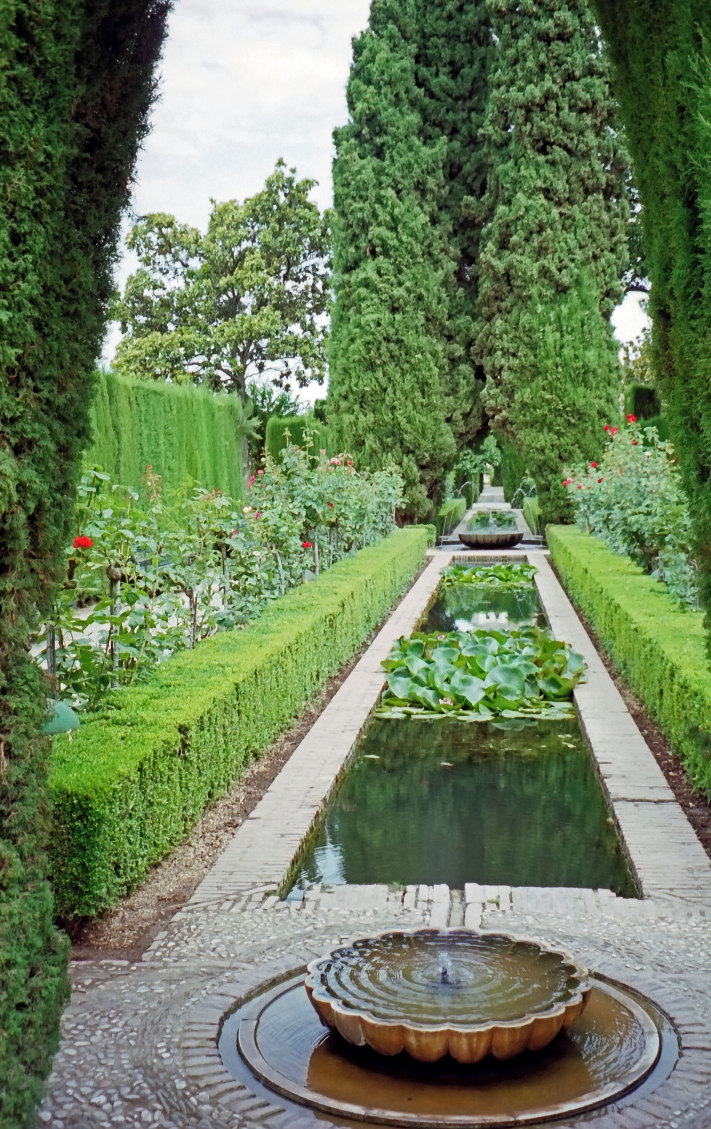 A formal garden with a central water feature, manicured hedges, and flowering plants.