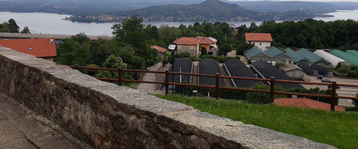 A scenic view of a lake with surrounding houses and greenery.