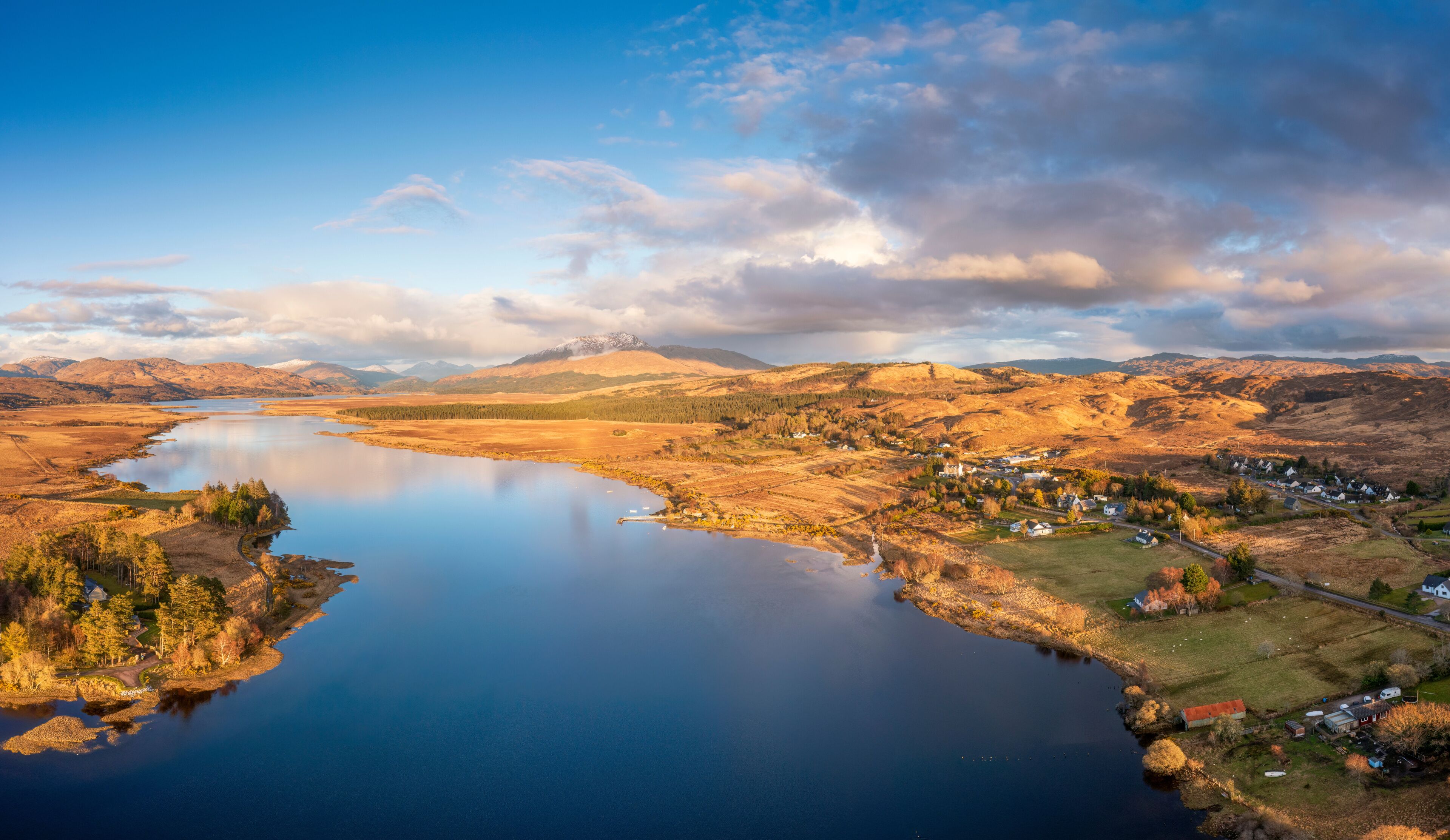 UK, Scotland, Acharacle, Aerial view of Loch Shiel with clouds in background