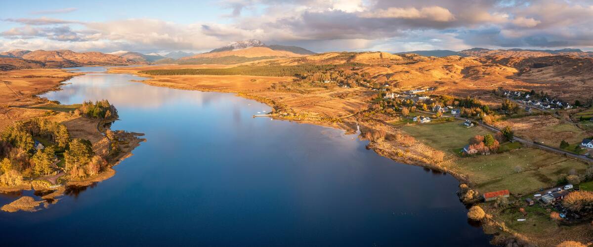 UK, Scotland, Acharacle, Aerial view of Loch Shiel with clouds in background
