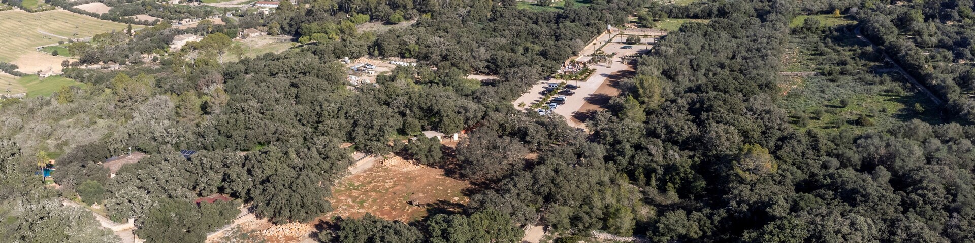Aerial view of Costitx village and its oak forest, Mallorca, Balearic Islands, Spain