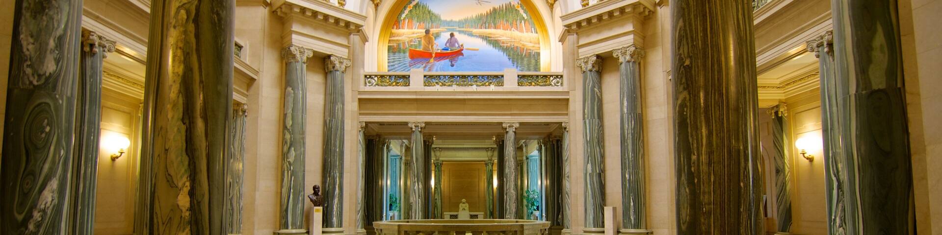 Saskatchewan Legislative Building featuring interior views, heritage elements and an administrative buidling