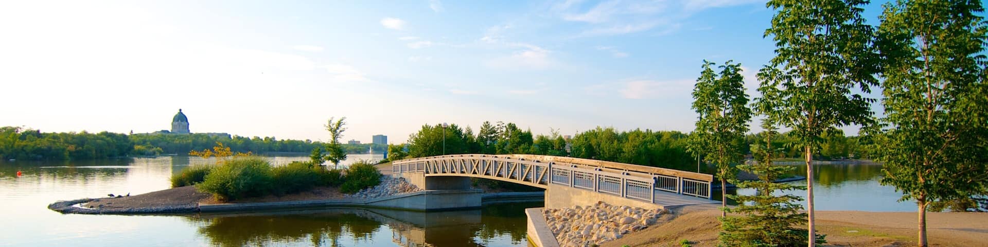 A stone bridge over a calm river, surrounded by trees and a grassy area with geese.
