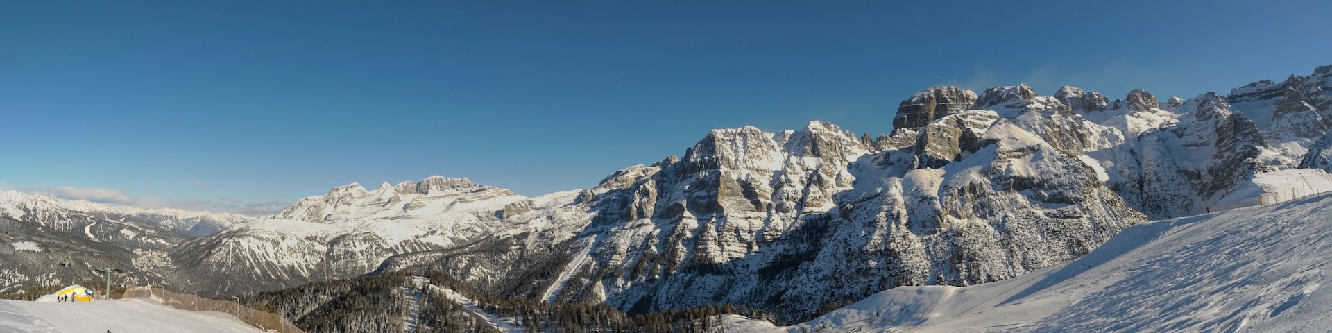 Ski Resort Folgarida - Marilleva in the Val di Sole and Brenta Dolomites, view from Monte Vigo, Pinzolo, Trento Autonomous Province. Trentino Region, Upper Adige, Italy. January 2023