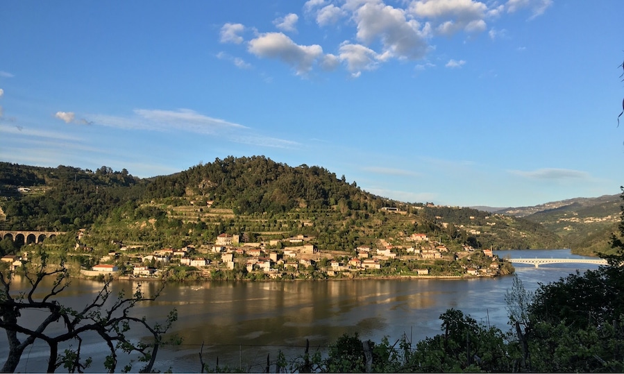 A riverside town with a bridge, surrounded by hills and vineyards.