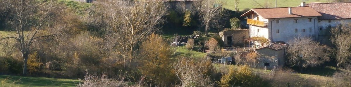 A rural landscape with houses, a bridge, and rolling hills in the background.