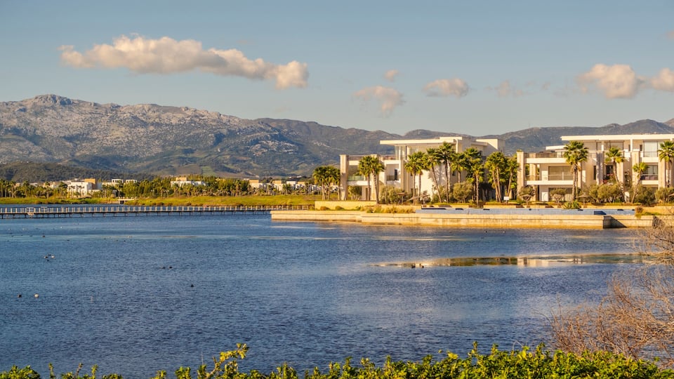 A coastal resort with modern buildings, palm trees, and a mountain range in the background.